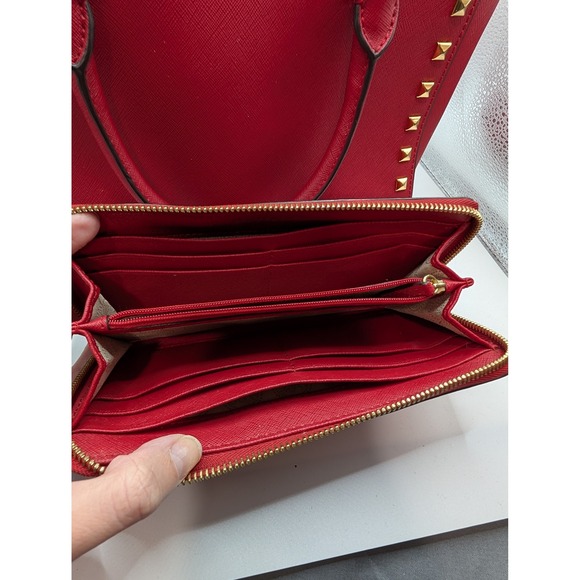 Michael Kors Red Studded Selma Satchel Handbag and Matching Wallet Set - Picture 3 of 11